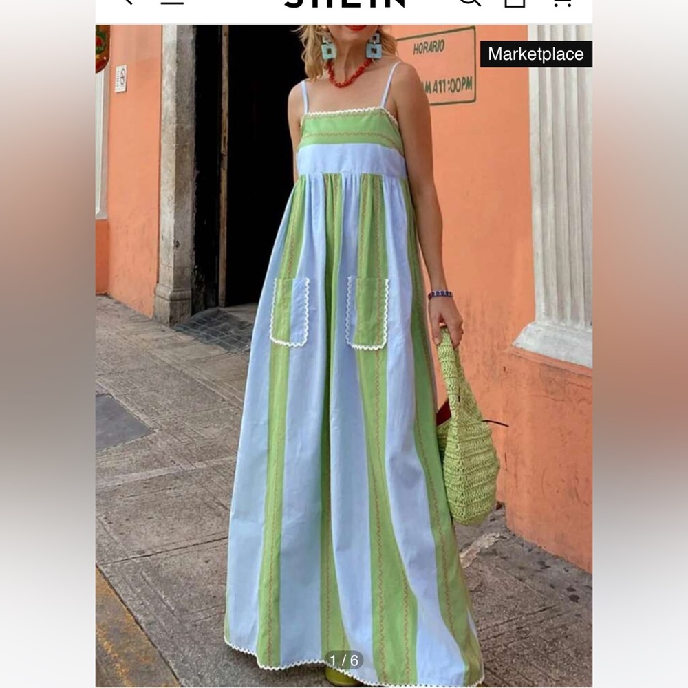 Blue and Green Striped Maxi Dress